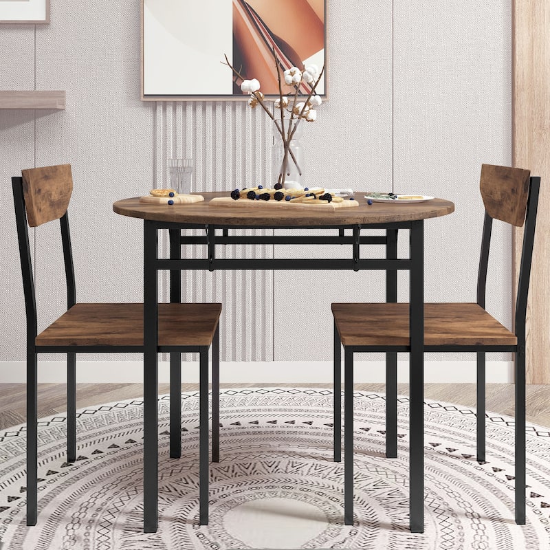 Roomfitters Modern 3-Piece Round Dining Table Set with Dual Drop Leaf and 2 Chairs for Small Spaces, Rustic Brown & Black - Rustic Brown