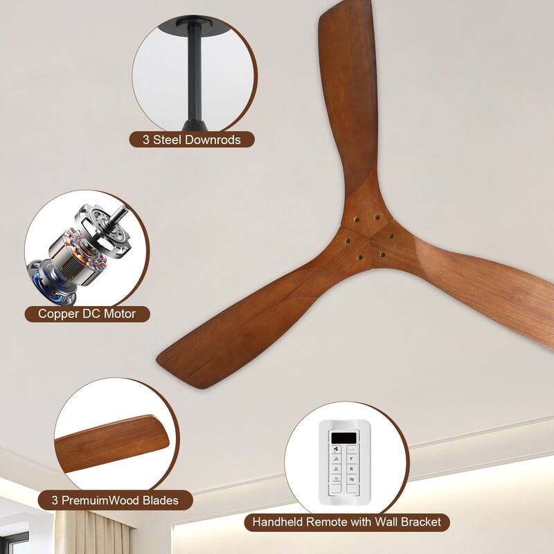 Sofucor 48/52 Inch Ceiling Fan with Light, Solid Wood Blades for Living Room, Bedroom,Smart Optional