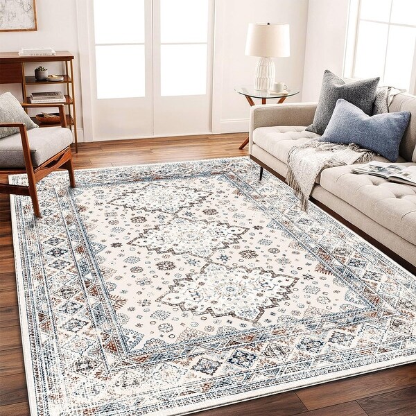 Washable Vintage Floral Area Rug Non-Slip Thin Rug for Living Room