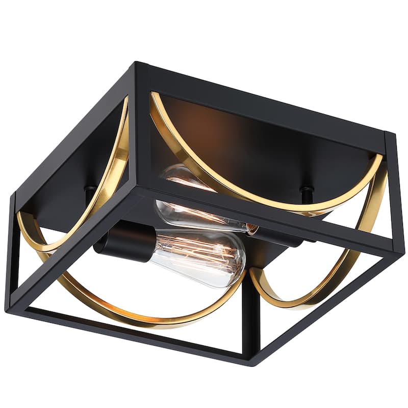 2-Light Caged Flush Mount Light - Black And Golden - 11.8"x11.8"x5.5"