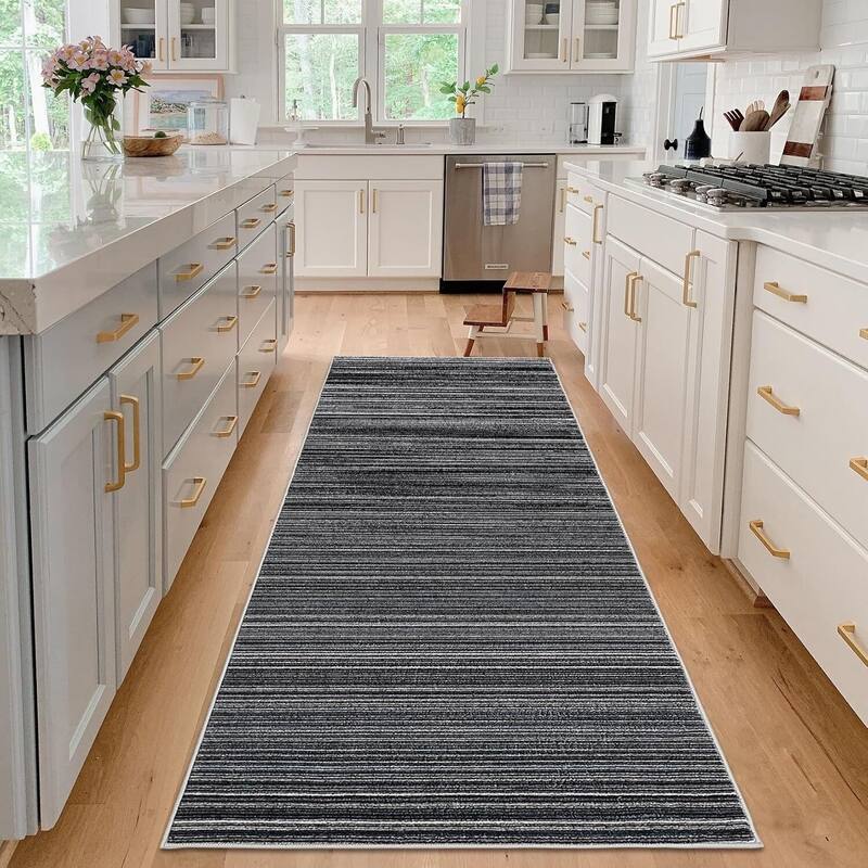 Modern Stripe Machine Washable Area Rug for Bedroom, Living Room, Black - 1'6" x 2'6"