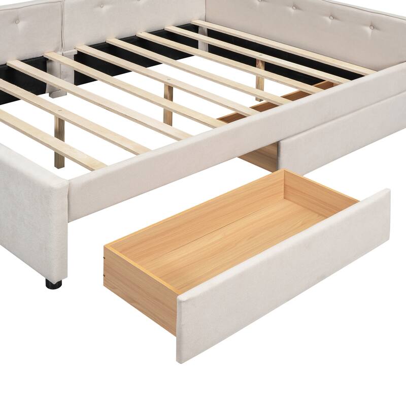 Beige Upholstered Daybed Platform Bed with 2 Storage Drawers Underbed, USB Charging, Linen Fabric, Wood Slat Daybed Frame