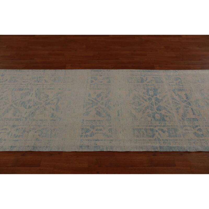 Hand Knotted Oriental 100% Wool Carpet Transitional Geometric Navy Blue & Blues Oushak Runner Rug - 16' 8'' X 3' 2''