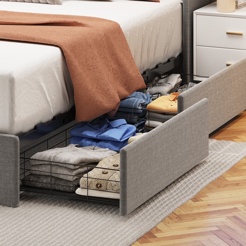 Upholstered Platform Bed Frame with Led Lights and Storage Rack, 4 Under-bed Storage Drawers, No Box Spring Needed, Metal Frame
