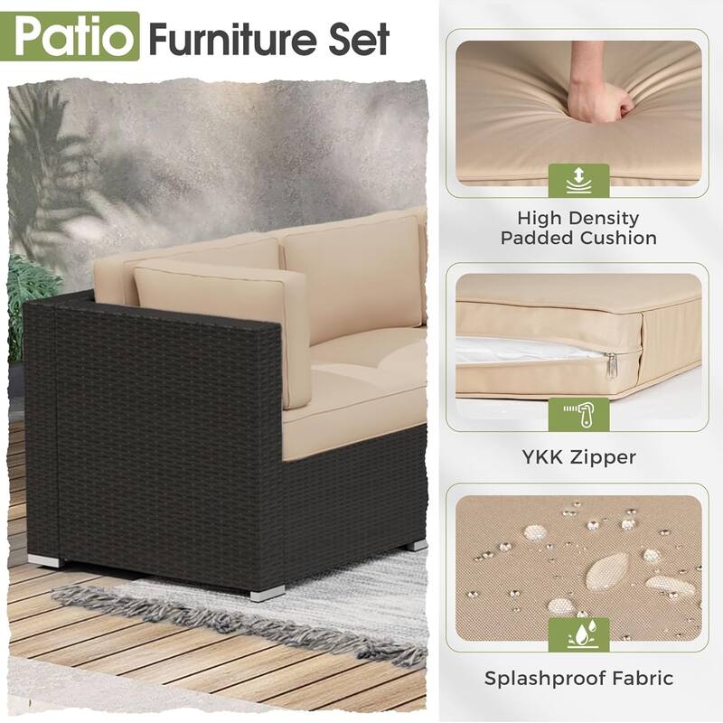 7 Piece Outdoor Patio Furniture Set Grey/Black Wicker Conversation Sectional Sofa Set with Coffee Table and Cushions
