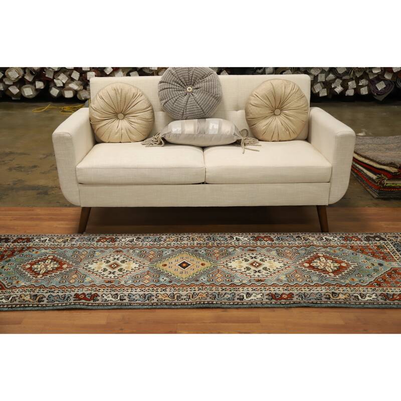 Hand Knotted Oriental 100% Wool Carpet Traditional Geometric Navy Blue & Blues Viss Runner Rug - 8' 0'' X 2' 7''