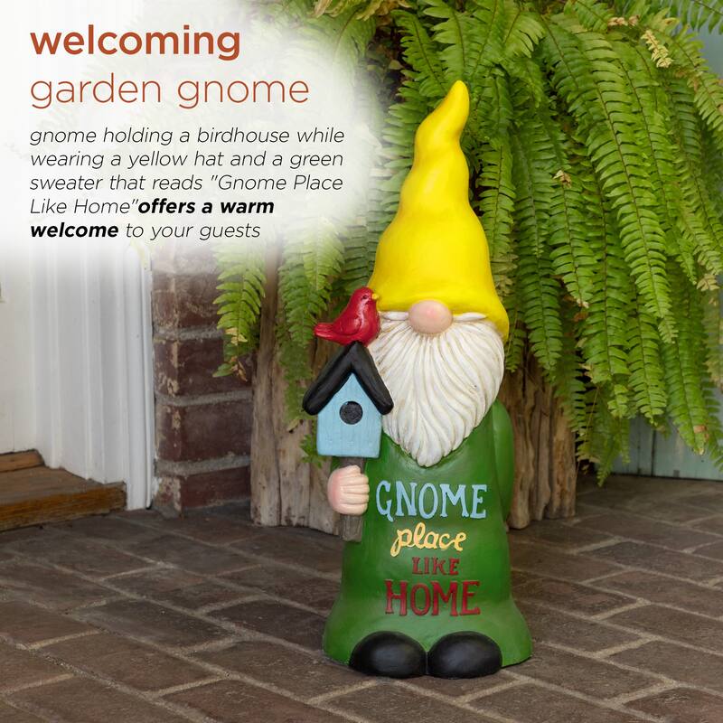 Alpine Corporation 24"H "Gnome Place Like Home" Indoor/Outdoor Garden Gnome Statue, Green/Yellow