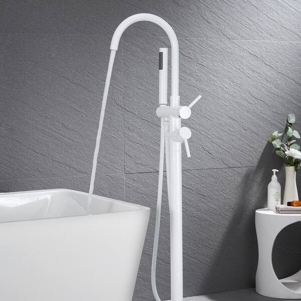slide 2 of 6, Round Double Handle Floor Bathtub Faucet White
