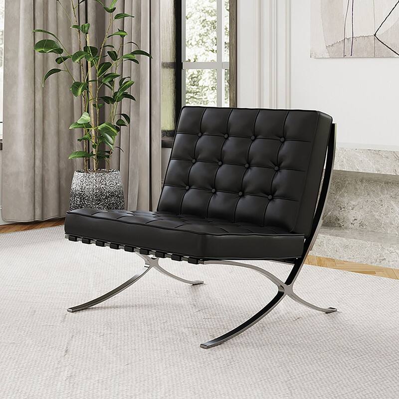 Mid Century Tufted Top Grain Leather Upholstered Lounge Chair