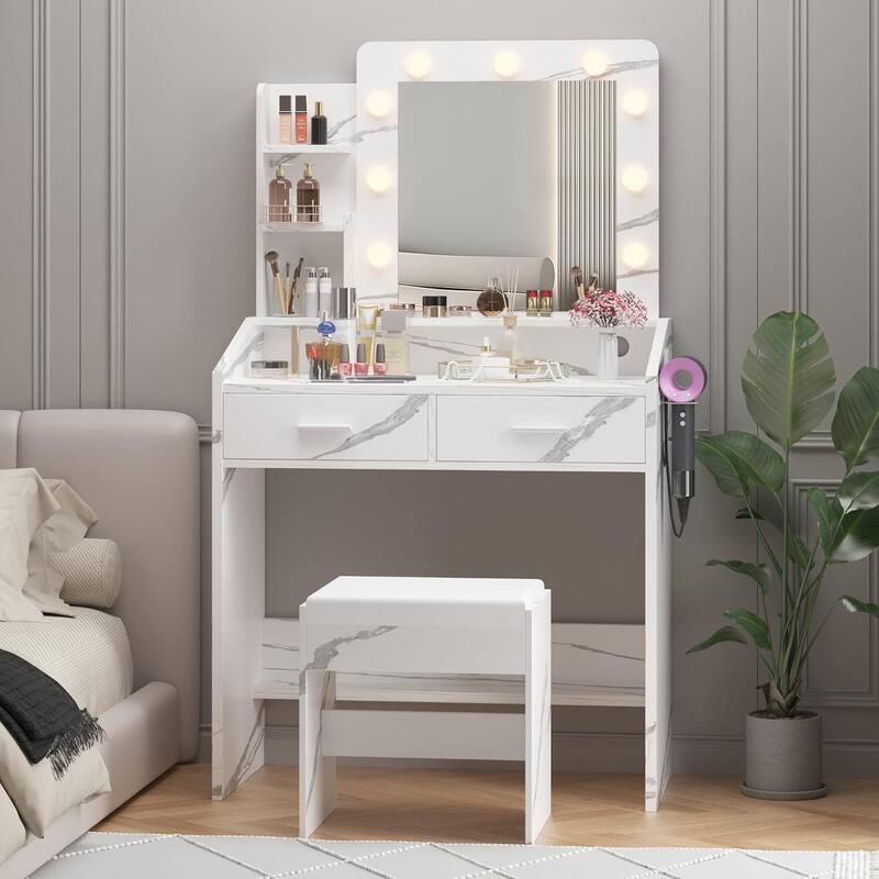 Dressing Table, Makeup Vanity Desk with Mirror and Lights for Bedroom - White