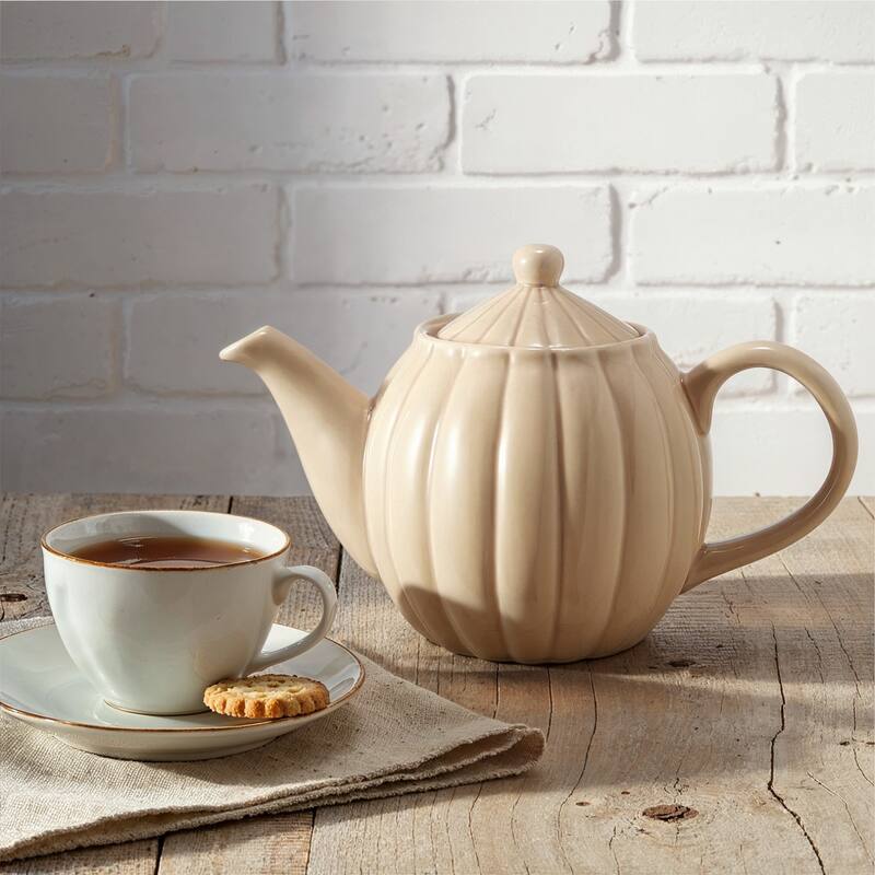 34-Ounce Stoneware Ribbed Teapots with Reactive Glaze - 9.5"L x 4.88"W x 6.5"H - Cream