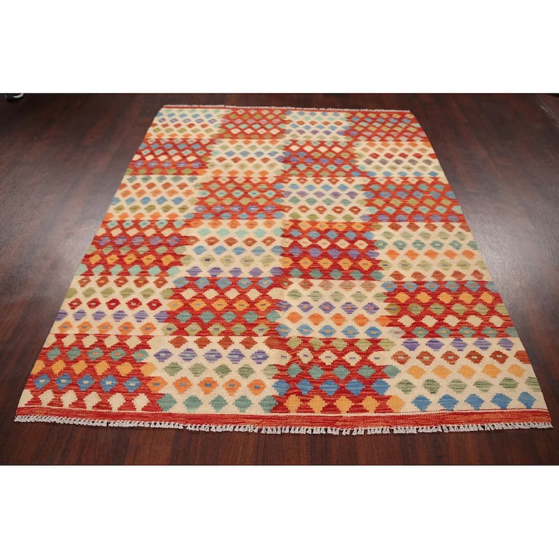 Geometric Kilim Oriental Home Decor Area Rug Wool Flat-weave Carpet - 5'2" x 6'5"