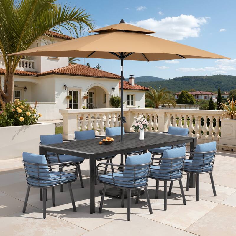 9/11-Piece Outdoor Dining Set w/10 ft Umbrella and Base Aluminum Dining Table and Chairs with Sunbrella Cushions - Set of 11 - Black Table with Tan Umbrella