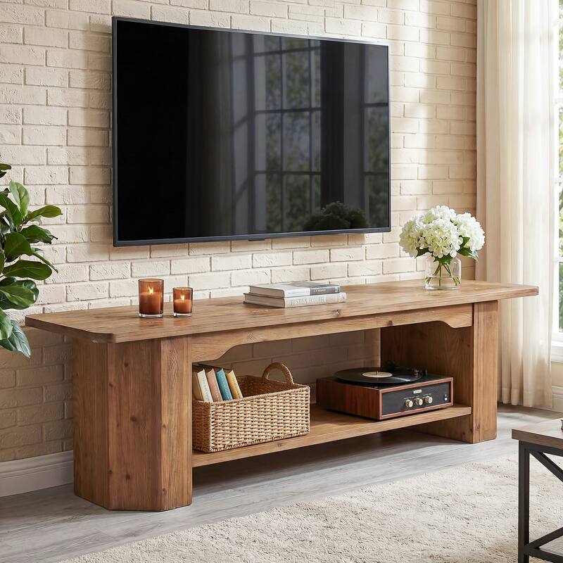 63-Inch Solid Wood TV Stand, Entertainment Center with Shelves, Television Console for 55/60/65/75-Inch TVs - Brown