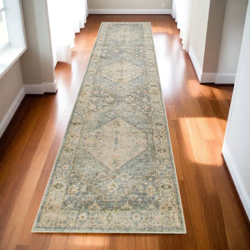 Mevo Power Loomed Distressed Floral Area Rug By HomeRoots - 120' X '26' X '0.25 - 120' X '26' X '0.25 - Oxford Blue - Runner