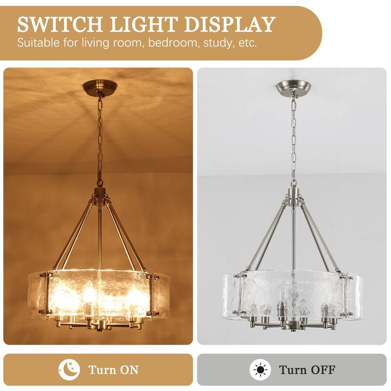 19.68 in. Modern 6-Light Dimmable Drum Candle Chandelier with Ripple Glass Shade