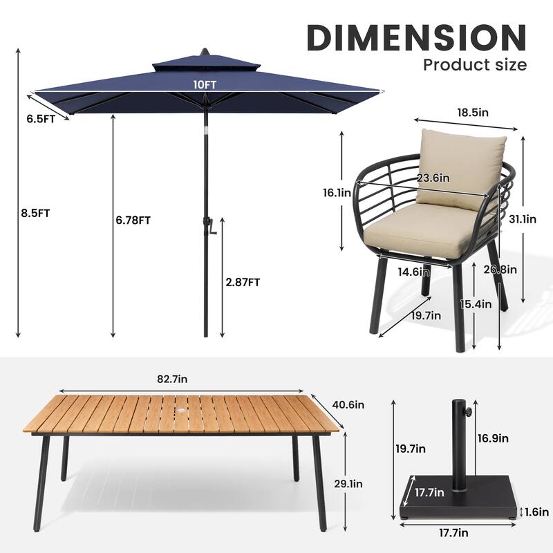 9/11-PieceOutdoor Patio Dining Set with Sunbrella Cushions Aluminum Dining Table and Chairs w/10 ft Umbrella and Base