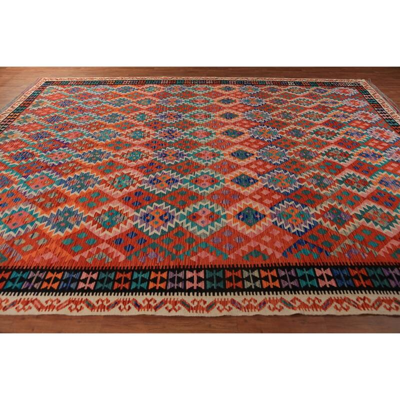 Reversible Kilim Oriental Rug Hand-Woven Geometric Wool Carpet - 10'8"x 13'3"