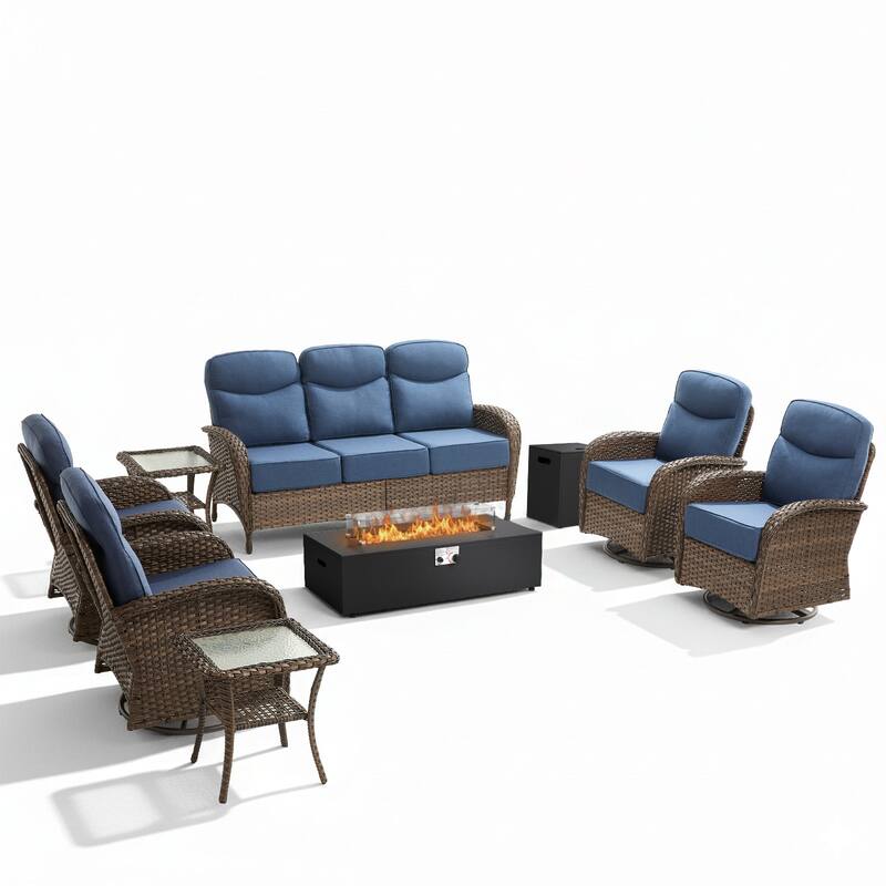 Luna 8-Piece Wicker Outdoor Patio Fire Pit Sofa Set with 6-Inch Thick Cushions