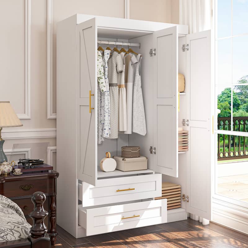 Classic Three-Door Wardrobe,Wood Bedroom Armoire with Hanging Rod and Shelves,Spacious Storage Closet,Modern Farmhouse Design