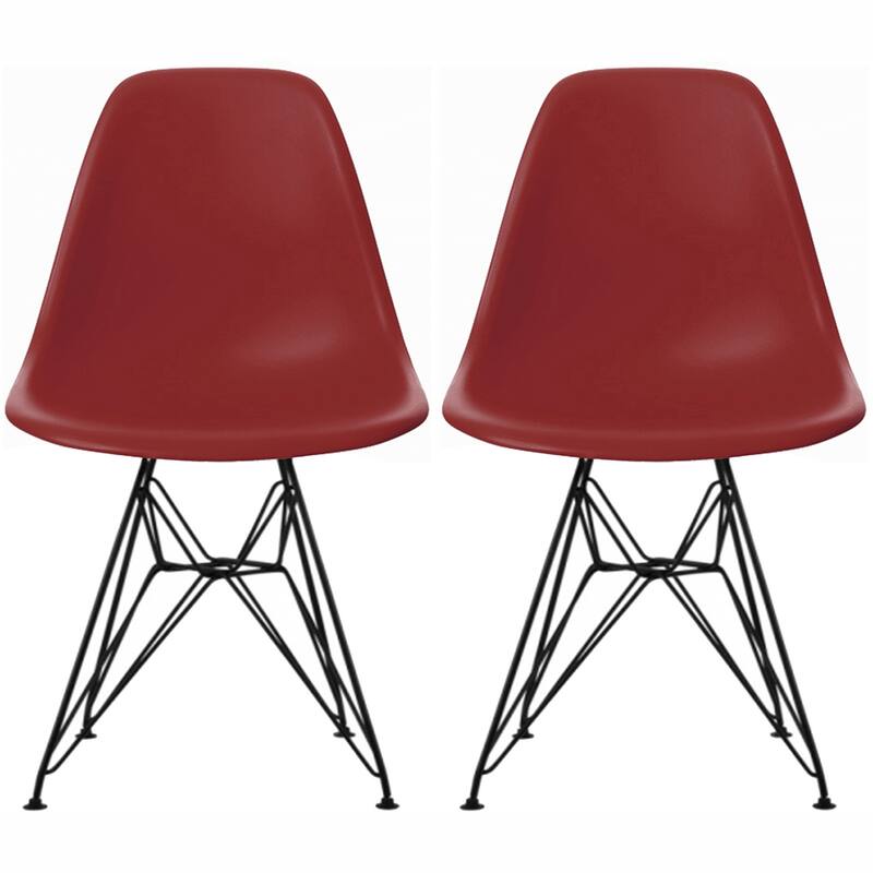 Set of 2 Mid-Century Modern Dining Side Chairs Armless Plastic Shell Seat with Black Metal Wire Eiffel Base, White - Red/Espresso
