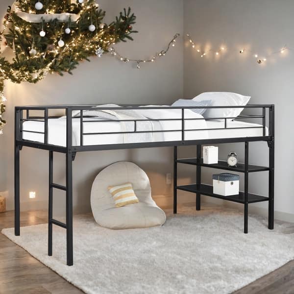 slide 2 of 11, Metal Low Twin Loft Bed with Storage Shelves and Full Length Guardrail,Solid Construction