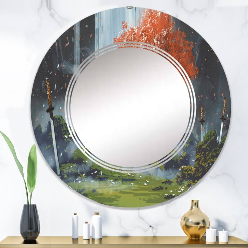 Designart 'Samurai Standing In Waterfall Garden With Swords' Printed Traditional Wall Mirror - 36in.x36in.