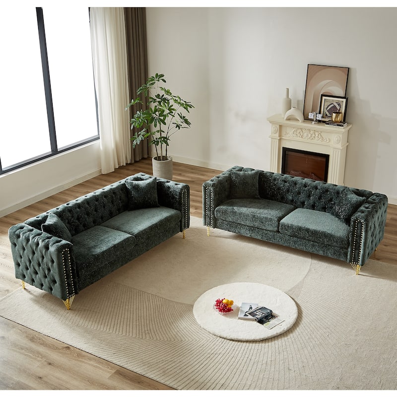 Chenille Chesterfield Sofa with Copper Nailhead Detail and Metal Legs, Button Tufted Couch for Living Room - Green