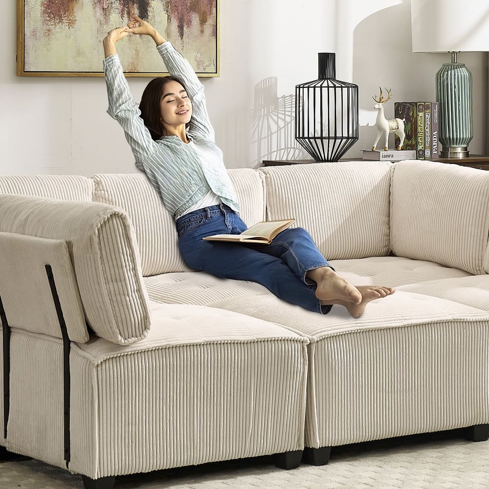 U-Shaped Modular Sectional Sofa, Oversized Corduroy Cloud Couch with Reversible Chaise, Comfy Convertible 6-Seat Corner Couch