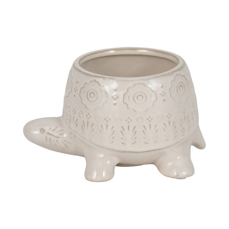 Plant Pot - White Ceramic Turtle Shaped Floral Carved, 7" - 7.0"