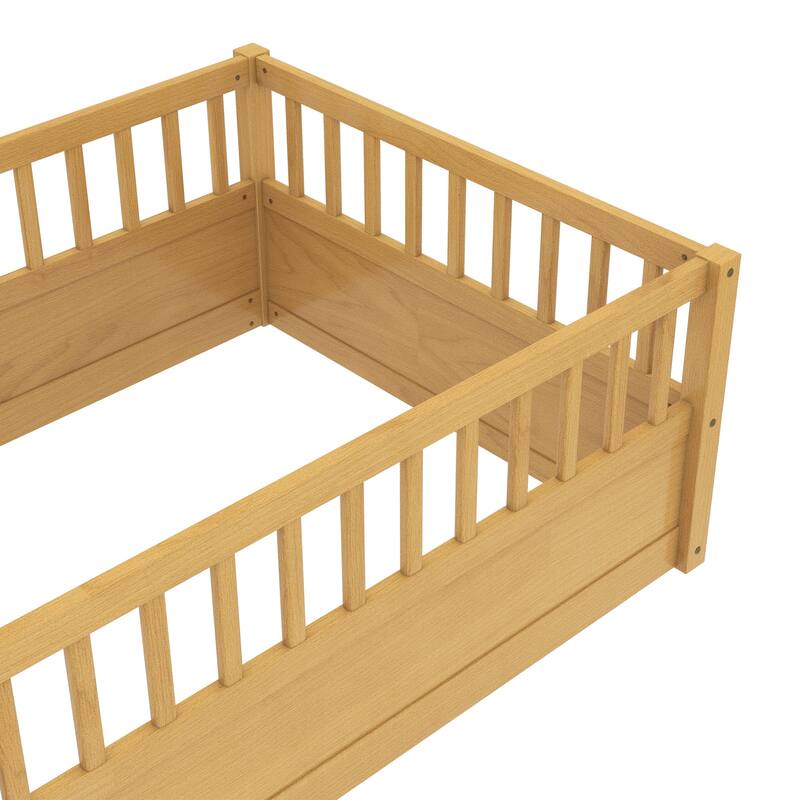 Solid Wood Floor Bed Frame without Slats, Montessori Kids Floor Beds with Full Length Fence, No Box Spring Needed