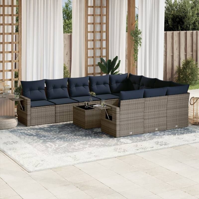 vidaXL Patio Sofa Set with Cushions Outdoor Conversation Furniture Poly Rattan - 24.4 x 24.4 x 27.2 - Grey and Blue-With table