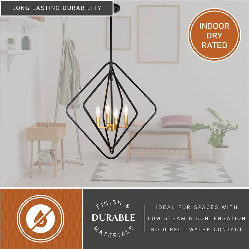 Brady 4 Light Black and Satin Brass Contemporary Geometric Cage Pendant Light - 22-in W x 24.25-in H x 22-in D