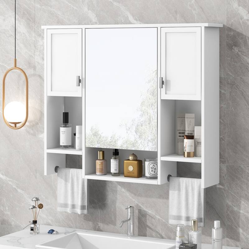 GDFStudio - Auburn Modern Wall-Mounted Bathroom Storage Cabinet with Mirror and Towels Bar - 35'' x 28'' - White