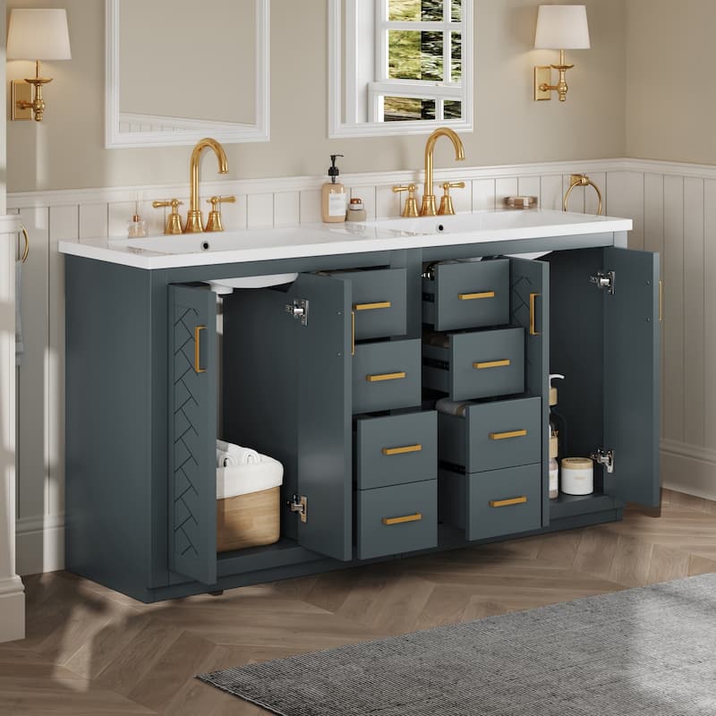 Roomfitters 60" Double Sink Bathroom Vanity with Ceramic Top, Solid Wood Storage Cabinet with Drawers and Soft Close Doors - Blue