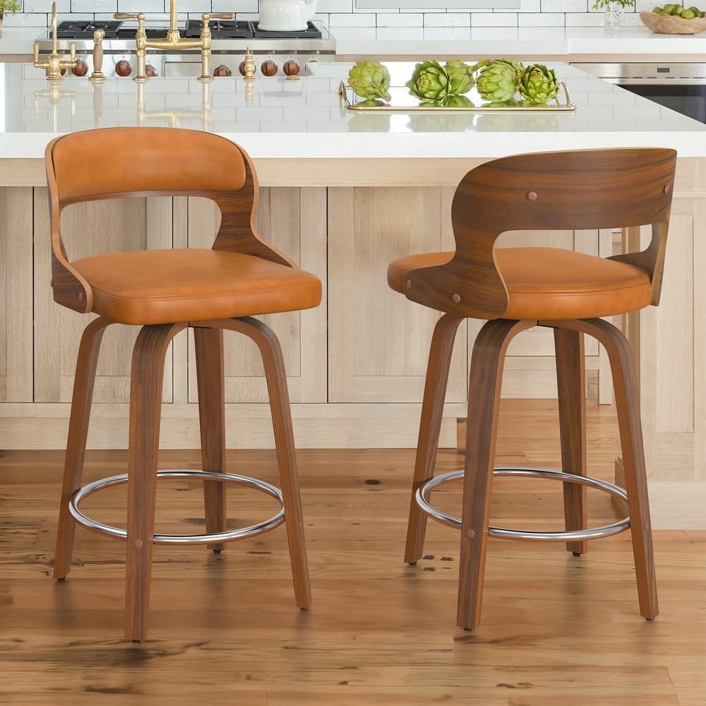 26.in Modern Set of 2 Leather Bar Stool Swivel Upholstered Hollow Back Counter Height Barstool with Wood Frame