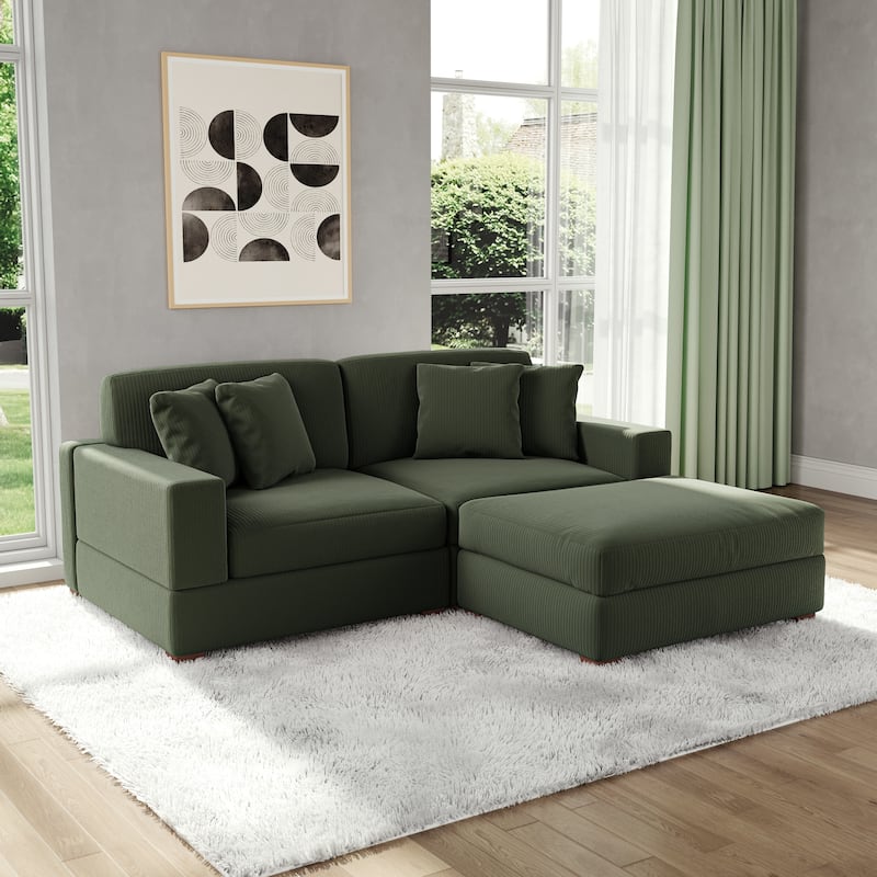 Modular Corduroy Sectional Sofa Set Chaise Couch with Ottoman