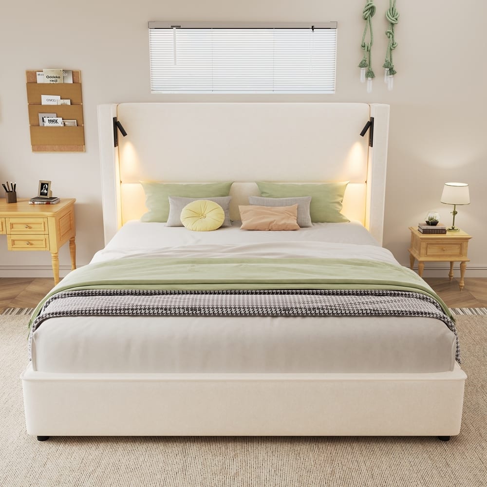 High Wingback Headboard Upholstered Platform Bed with USB port