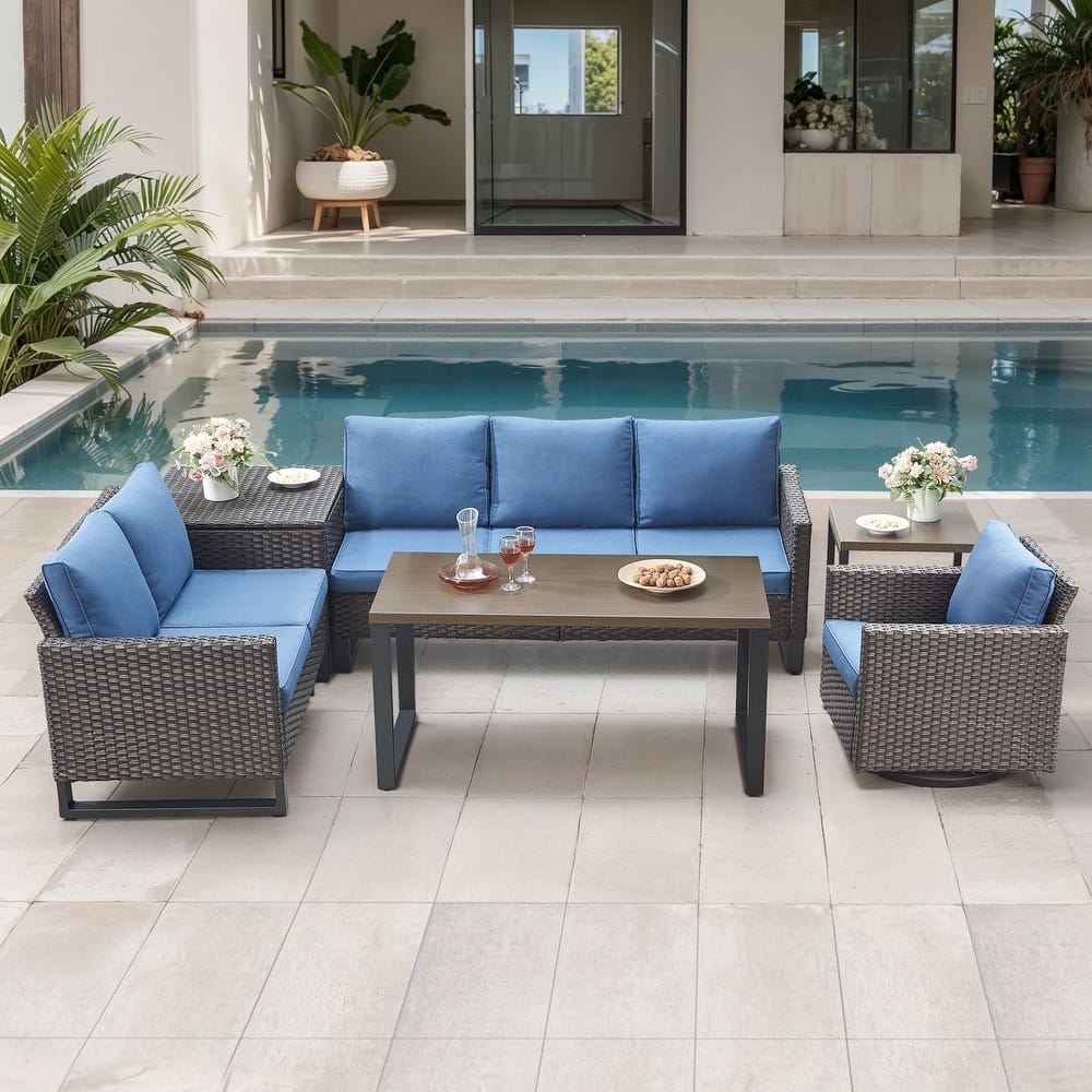 Gymojoy 6 Person Outdoor Patio Wicker Conversation Set Group With Swivel Chairs