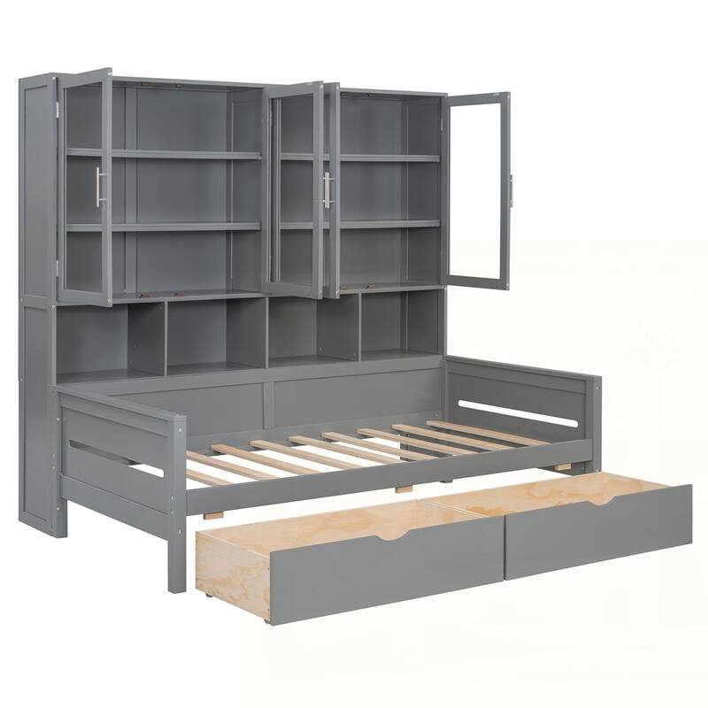 Wooden Daybed with Glass-Door Storage Cabinets and Built-in LED Lighting