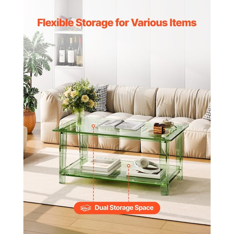 Transparent Green Acrylic 2-Tier Coffee Table with Sturdy Shelves and Modern Design - 19.7 x 31.5 x 15.7 in