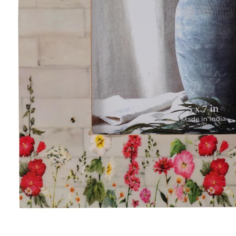 Sagebrook Home Neutral Textured Resin Rectangle Pink Flower Field Photo Frame