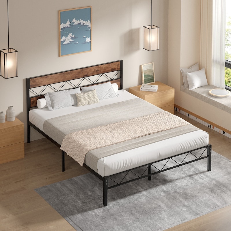 VECELO Vintage Metal Platform Bed Frame with Wood Headboard, Storage Bed, Noise-Free, No Box Spring Needed, Twin/Full/Queen Size