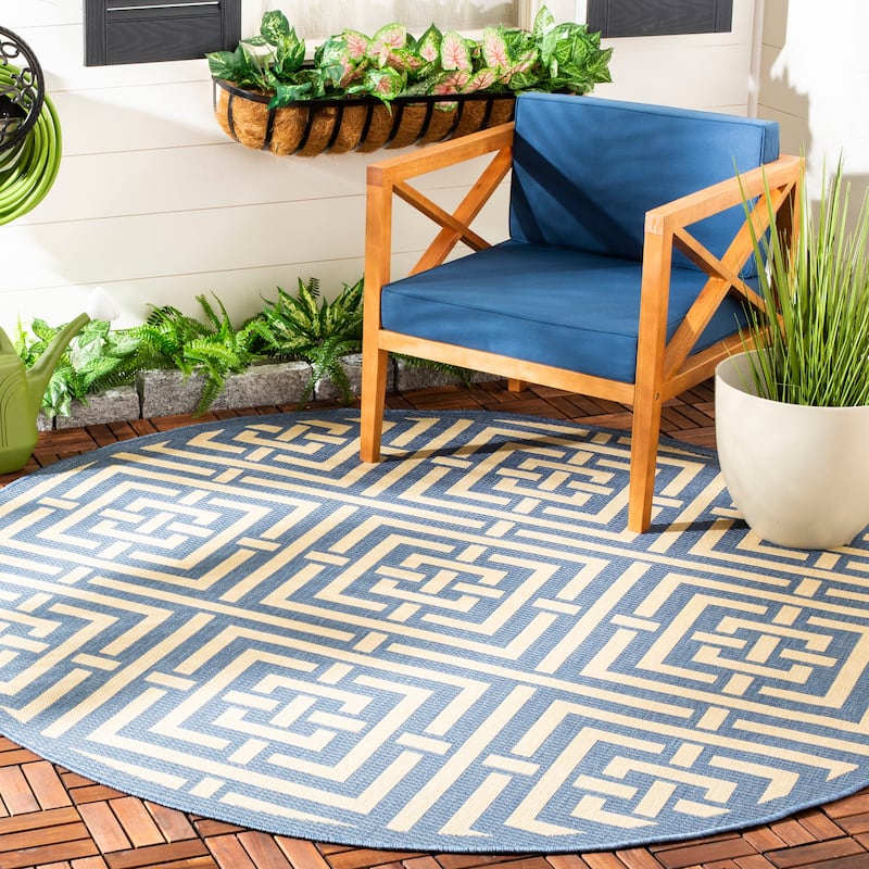 SAFAVIEH Courtyard Errica Indoor/ Outdoor Waterproof Patio Backyard Rug - 5'3" Round - Blue/Bone