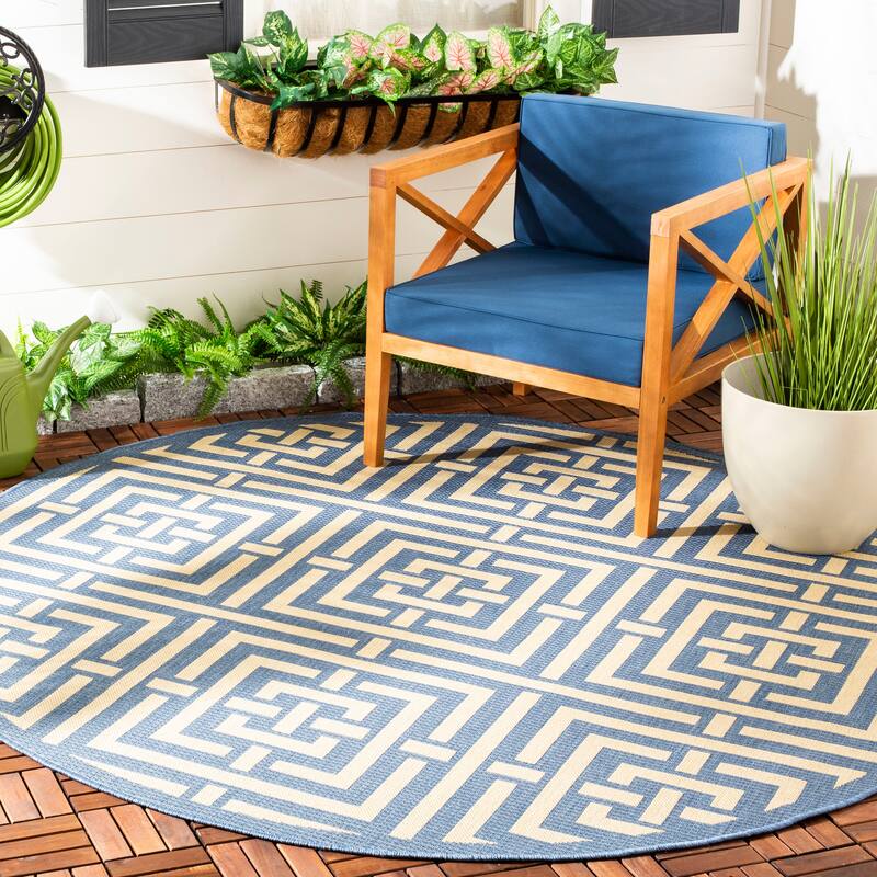 SAFAVIEH Courtyard Ginger Indoor/ Outdoor Waterproof Patio Backyard Rug - 6'7" Round - Blue/Bone