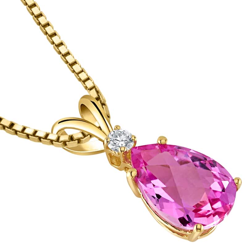 14k Yellow Gold Pear Shape 2.50 cts Created Pink Sapphire Diamond Pendant
