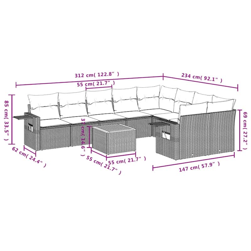 vidaXL 10 Piece Patio Sofa Set with Cushions Black Poly Rattan - 24.4" x 24.4" x 27.2"