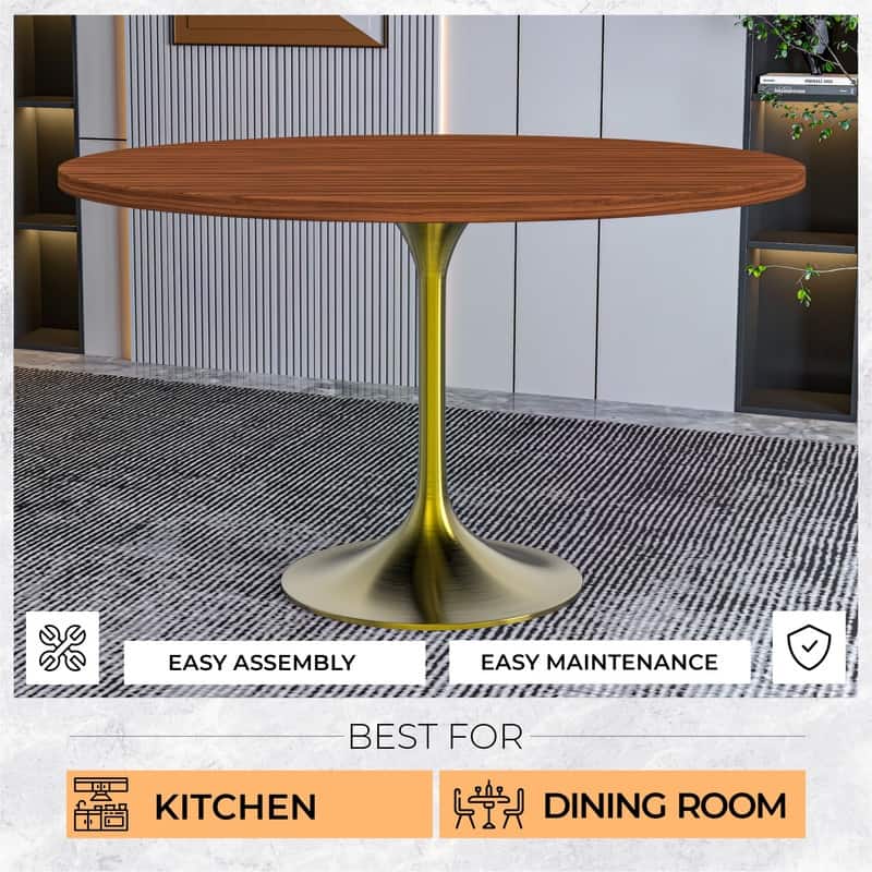LeisureMod Verve 48" Round Dining Table with MDF Wood TableTop and Brushed Gold Base for Kitchen & Dining Room