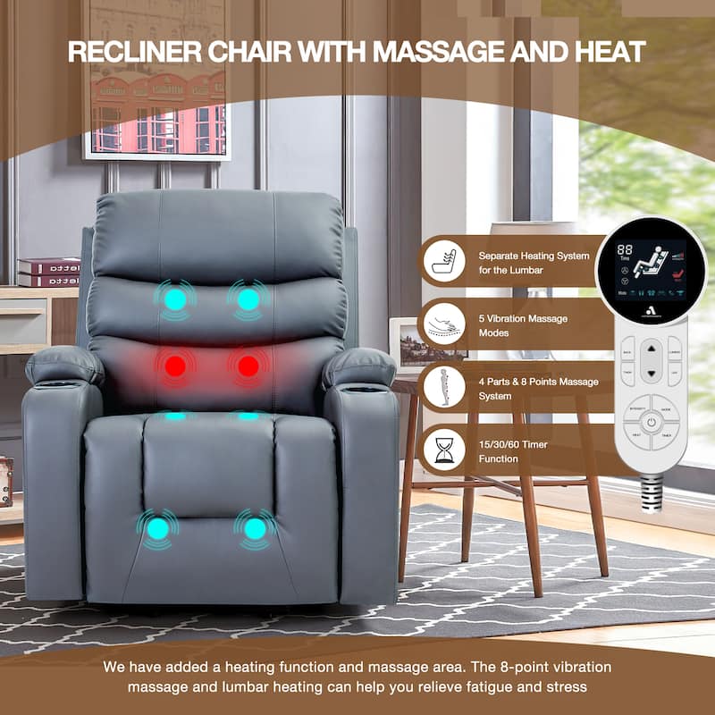 Oversized Power Lift Recliner Chair with Massage & Heat, PU Leather, USB Port, Cup Holders & Pockets