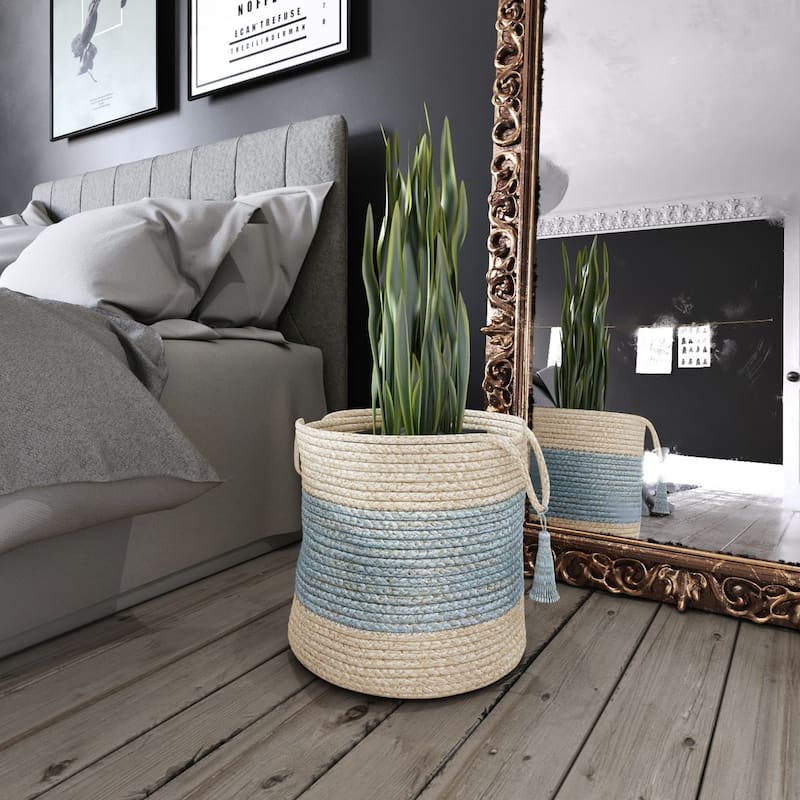 Sevita Bold Striped Off-White Jute Decorative Storage Basket with Handles